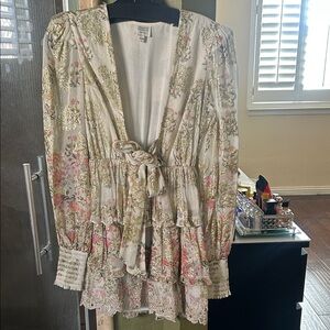 HEMANT & NANDITA Cream metallic and lace details Textured fabric mini dress